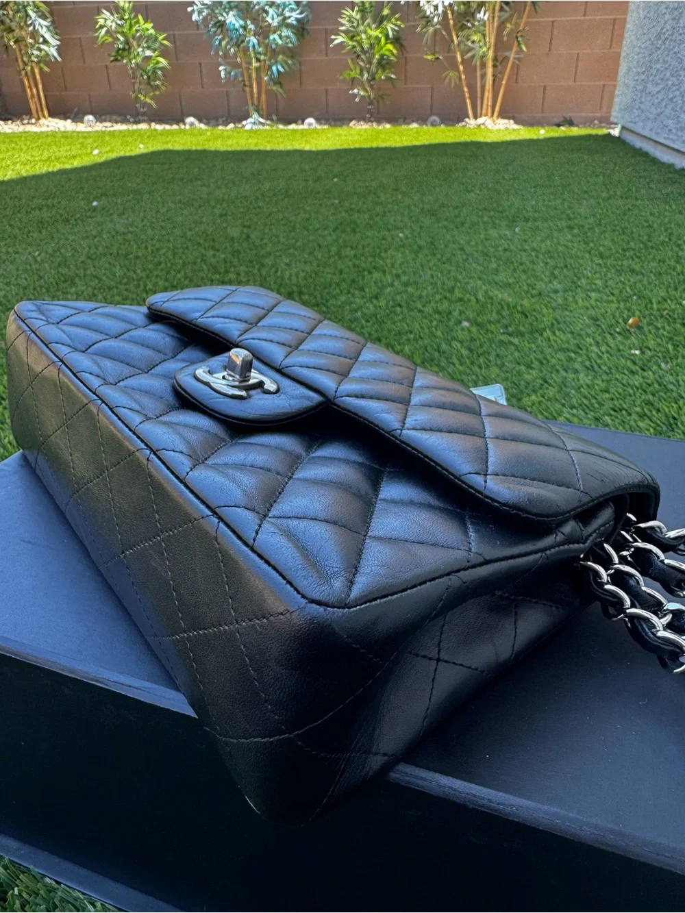 CHANEL Black Quilted Lambskin Shoulder Bag with Silver CC Lock